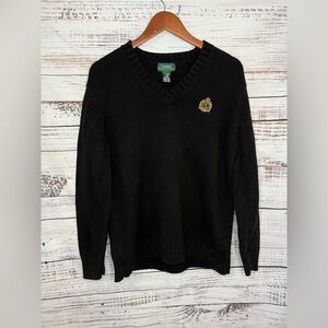 Lauren Ralph Lauren Men's Cotton V Neck Sweater Sz L Black Monogramed Crest